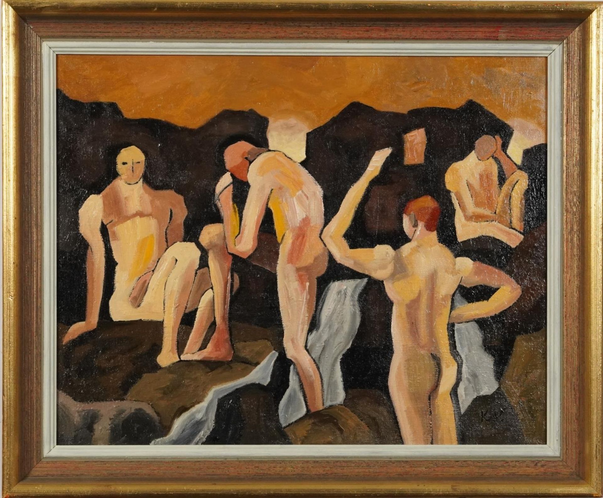 After Keith Vaughan - Figures bathing, Irish school oil on canvas, mounted and framed, 49cm x 39cm - Image 2 of 4