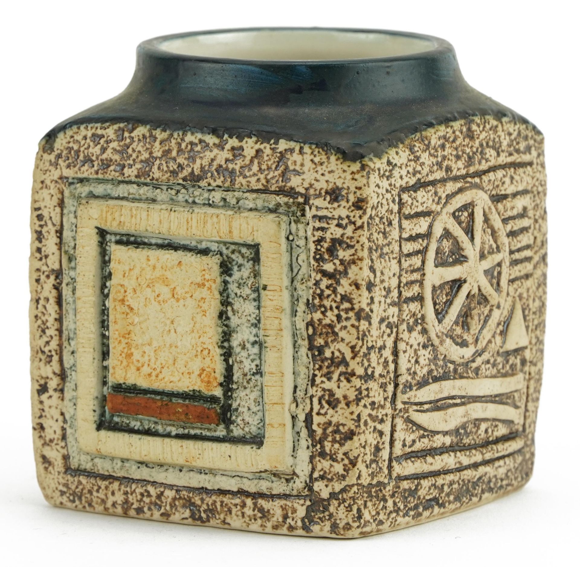 Jane Fitzgerald for Troika, St Ives pottery marmalade pot hand painted and incised with an