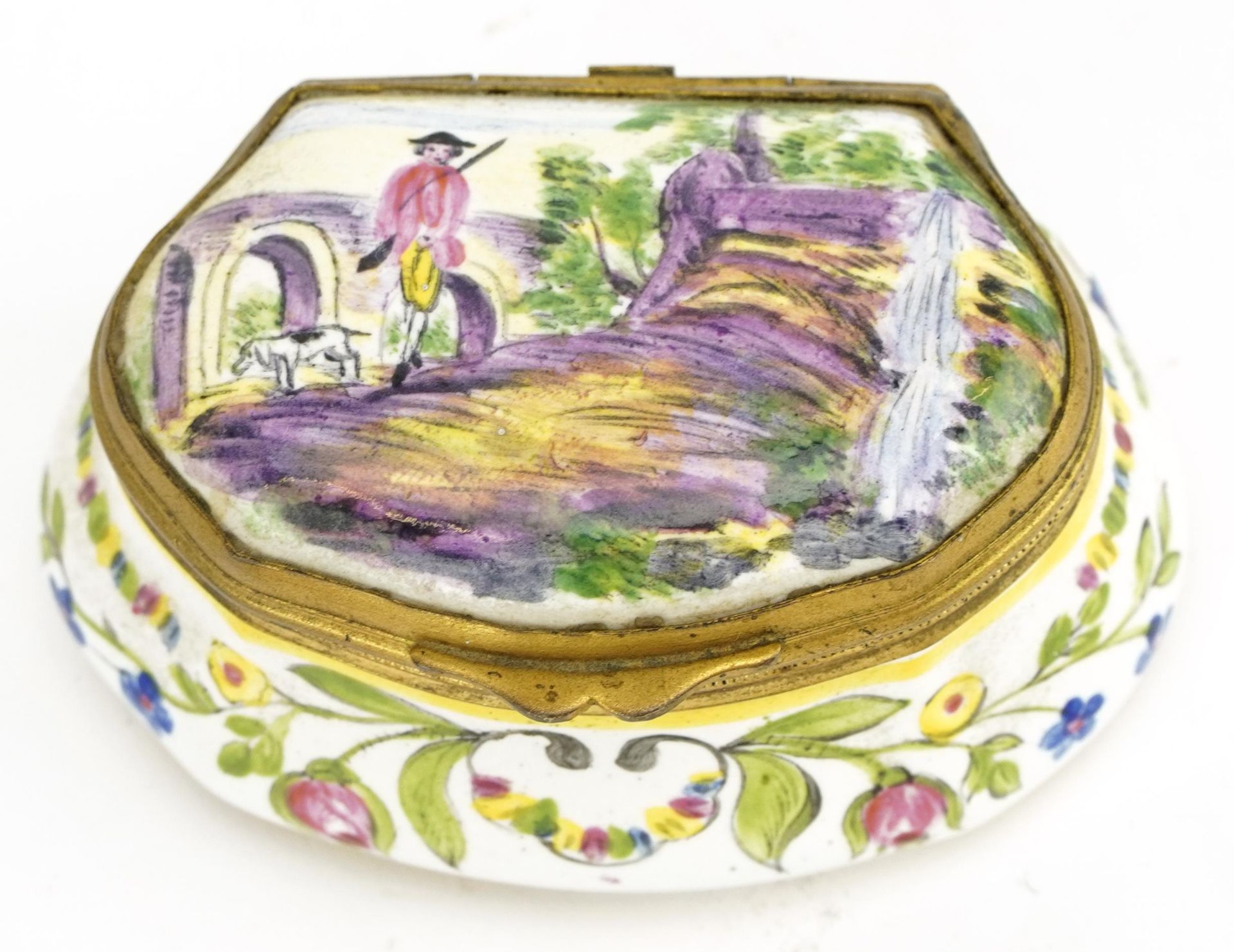 19th century European faience glazed patch box hand painted with a figure with dog and flowers, - Image 2 of 5