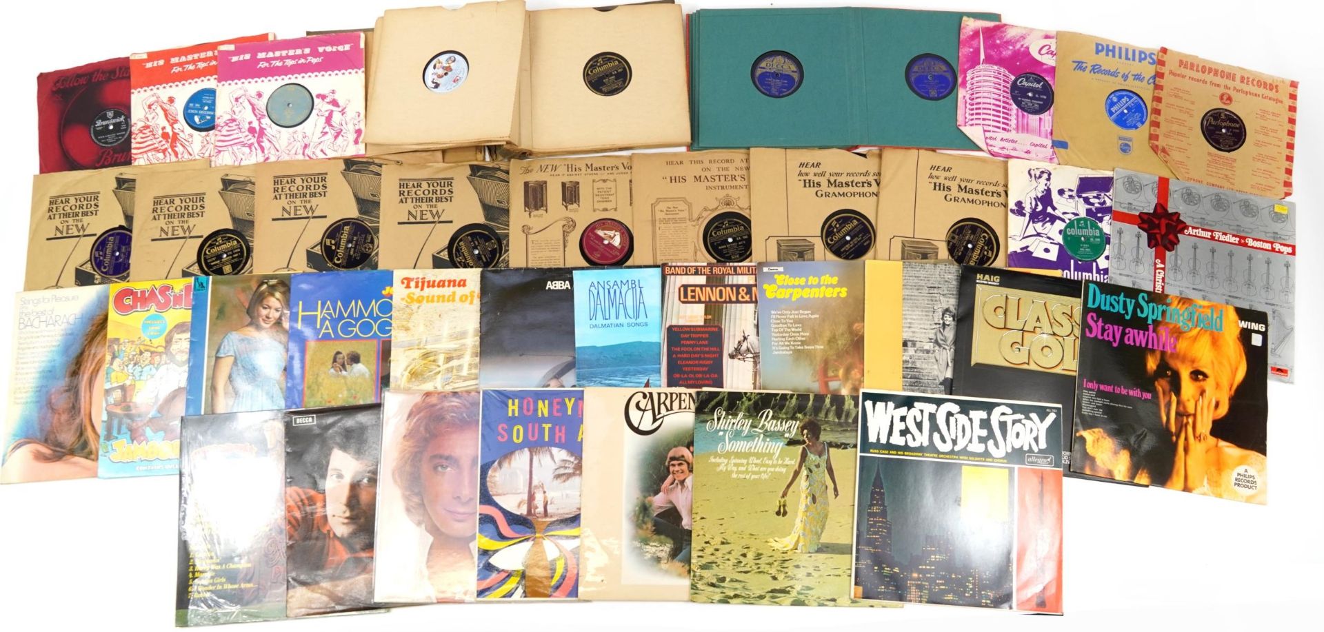 Vinyl LPs and 78s including Abba, Chas & Dave, James Last, Lennon & McCartney, Carpenters and Tom