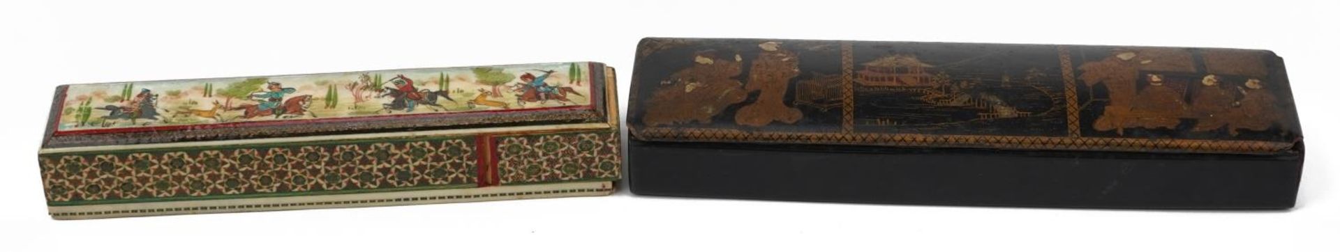 Persian Vizagapatam style pen box hand painted with huntsmen and a Chinese lacquered example