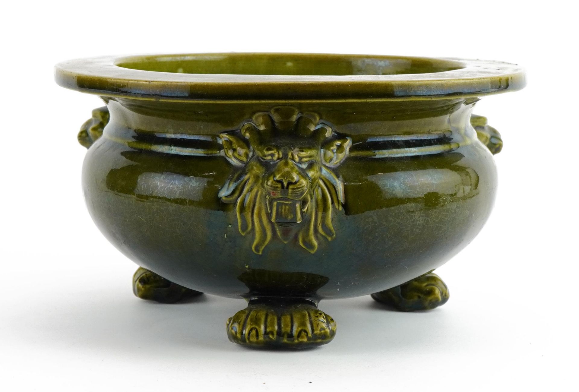 Christopher Dresser style Victorian planter with lion mask handles and paw feet, impressed 1864 to