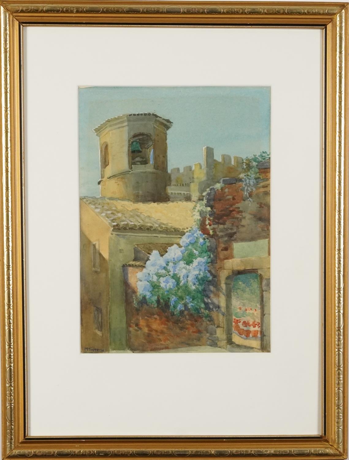 Italian bell tower and coastal landscape with villa, two continental watercolours, one signed M - Image 7 of 9