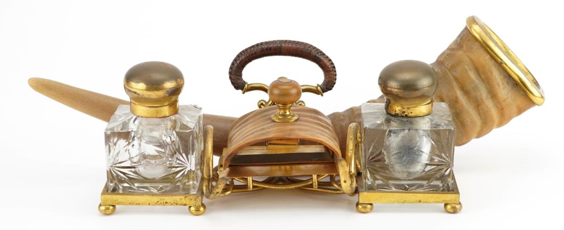 Edwardian gilt brass and horn desk stand with two glass inkwells engraved To the indefatigable and - Image 2 of 5
