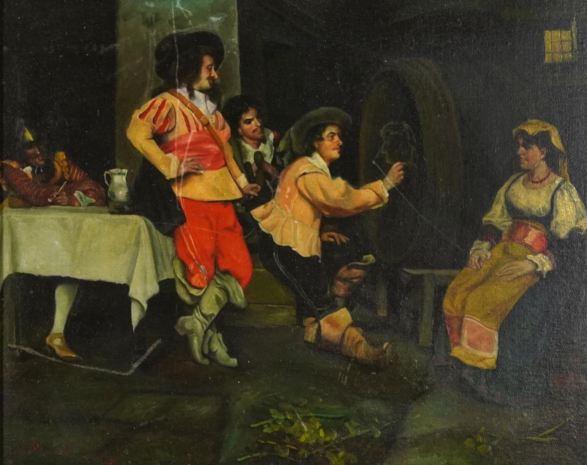 Tavern scene with Cavaliers, Old Master style oil on board, mounted and framed, 54cm x 42.5cm