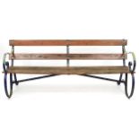 Early 20th century wrought iron and teak garden bench, 180cm in length : For further information