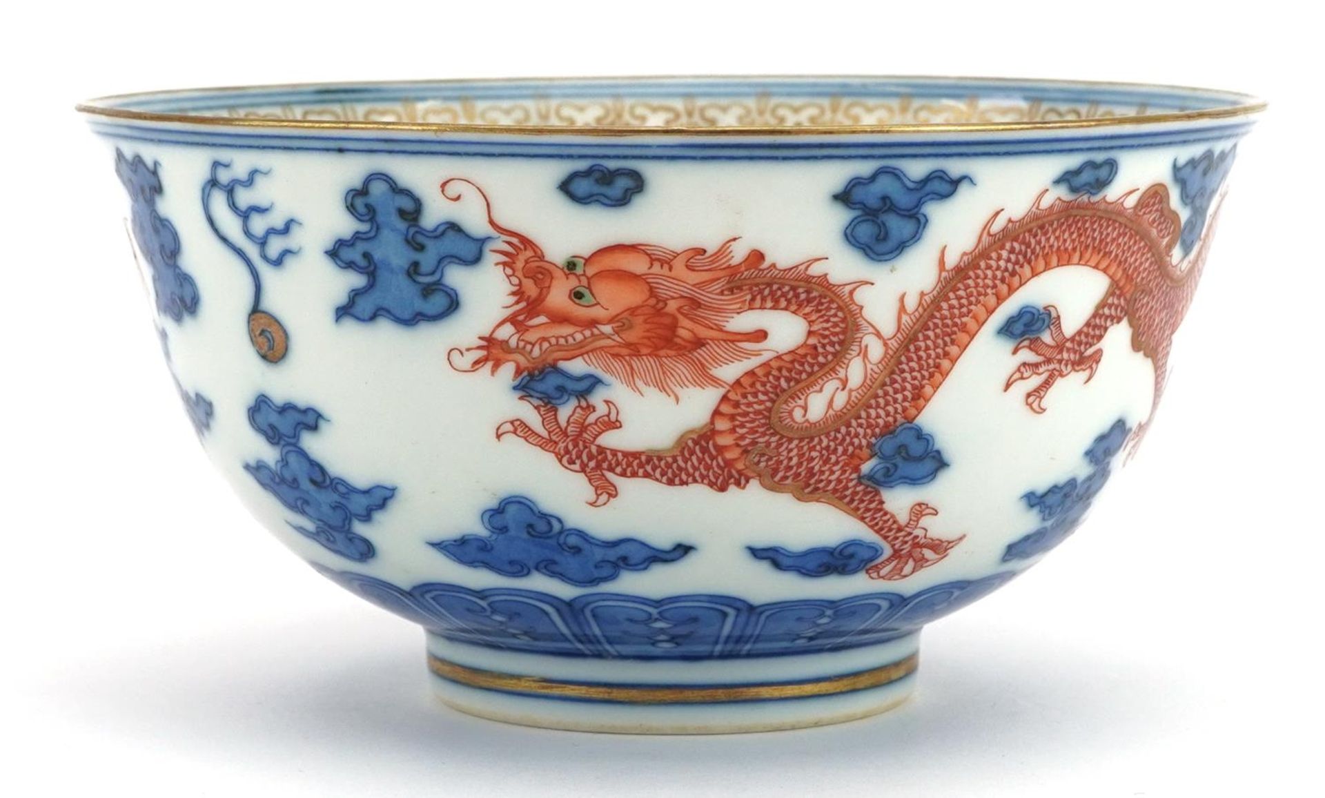 Chinese blue and white with iron red porcelain bowl hand painted with two dragons chasing the