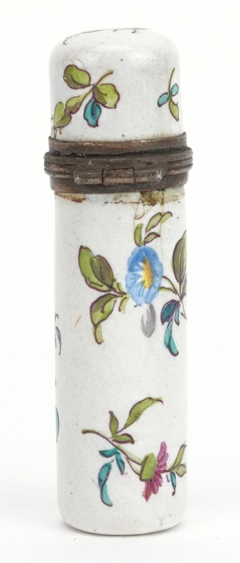 19th century French enamel scent bottle with silver gilt mounts hand painted with flowers, 5cm - Image 2 of 3