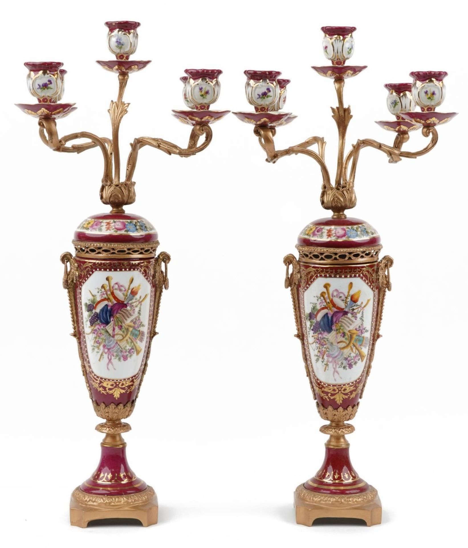 Manner of Sevres, pair of continental porcelain five branch candelabras with gilt bronze mounts, - Bild 2 aus 4