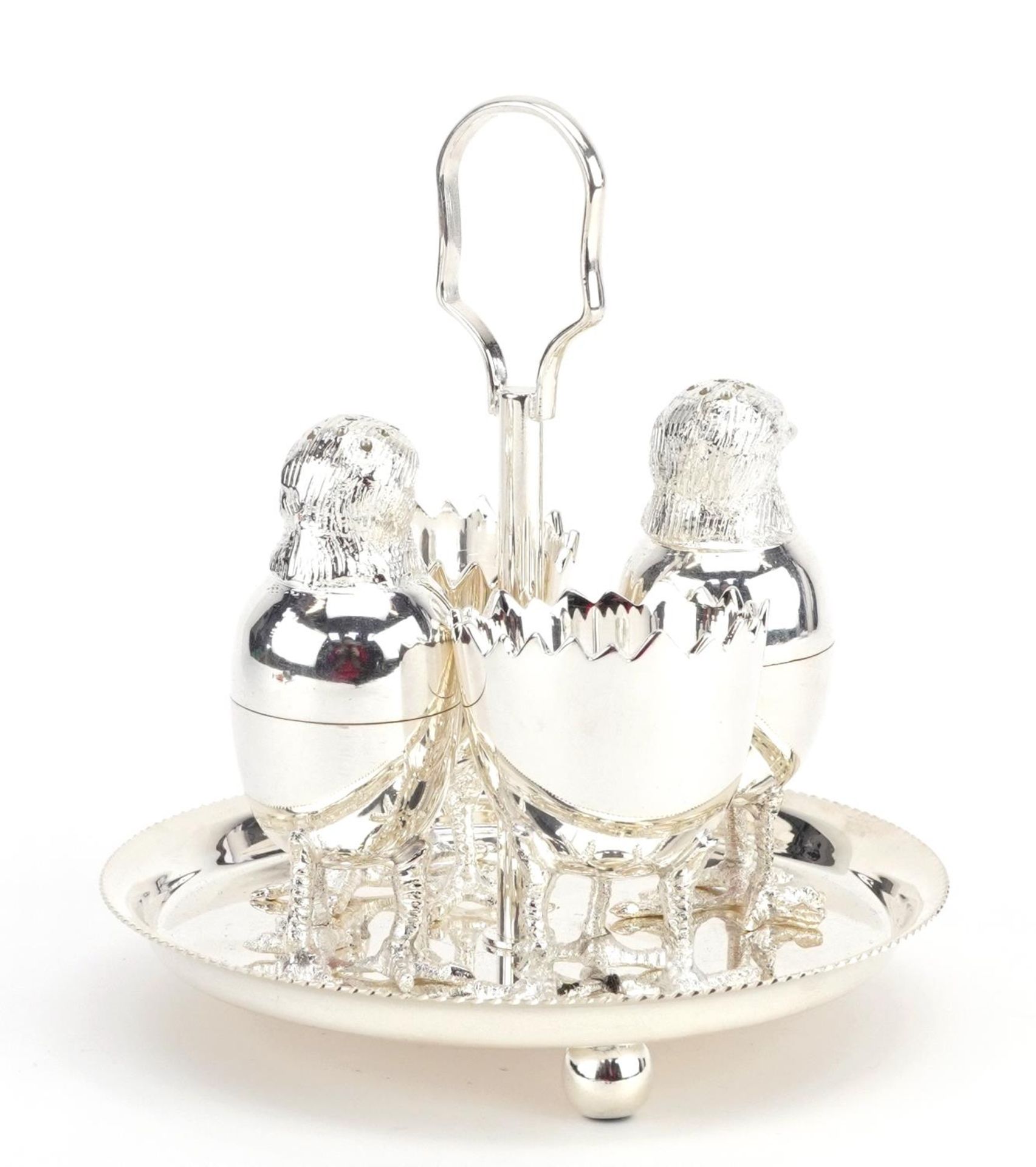 Novelty silver plated chick design four piece cruet on stand, 13.5cm high : For further - Bild 2 aus 4