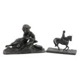 Two bronze sculptures including an example of a gentleman on horseback, the largest 23cm wide :
