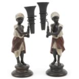 Pair of Regency style cold painted bronze Blackamoor design vases, each 29cm high : For further