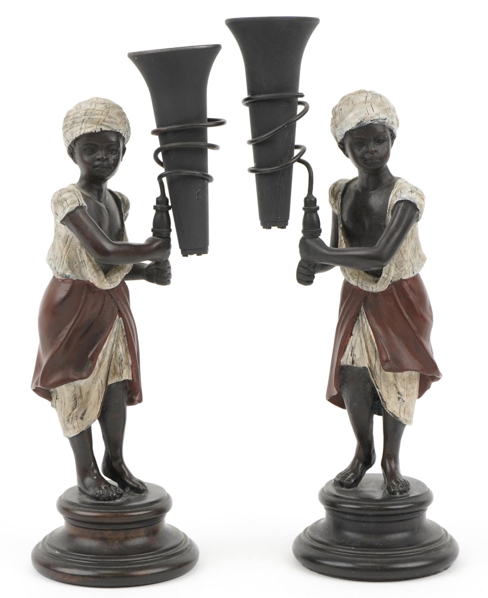 Pair of Regency style cold painted bronze Blackamoor design vases, each 29cm high : For further