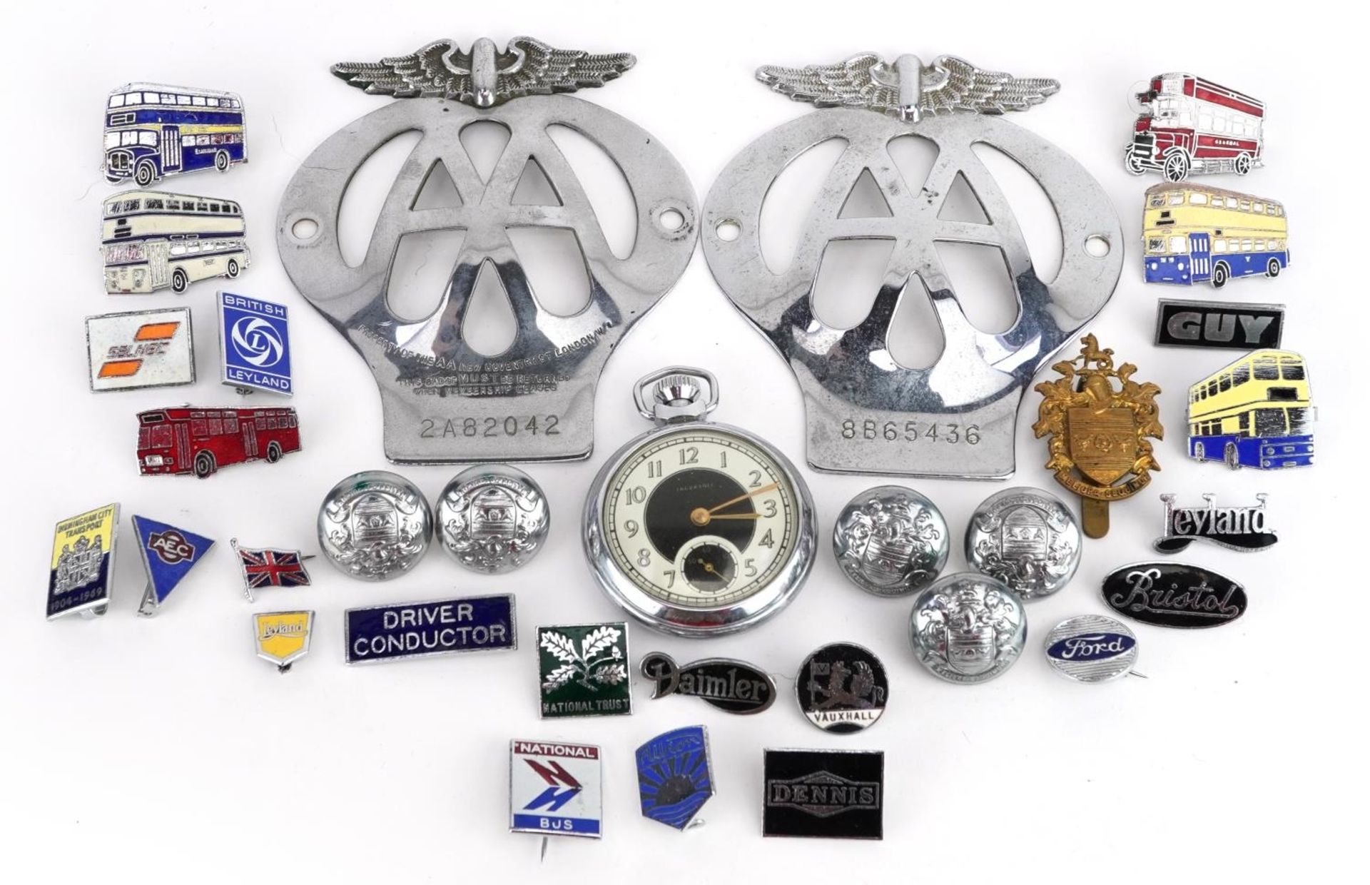 Automobilia and collectables including two AA car badges, enamelled bus badges and Ingersoll