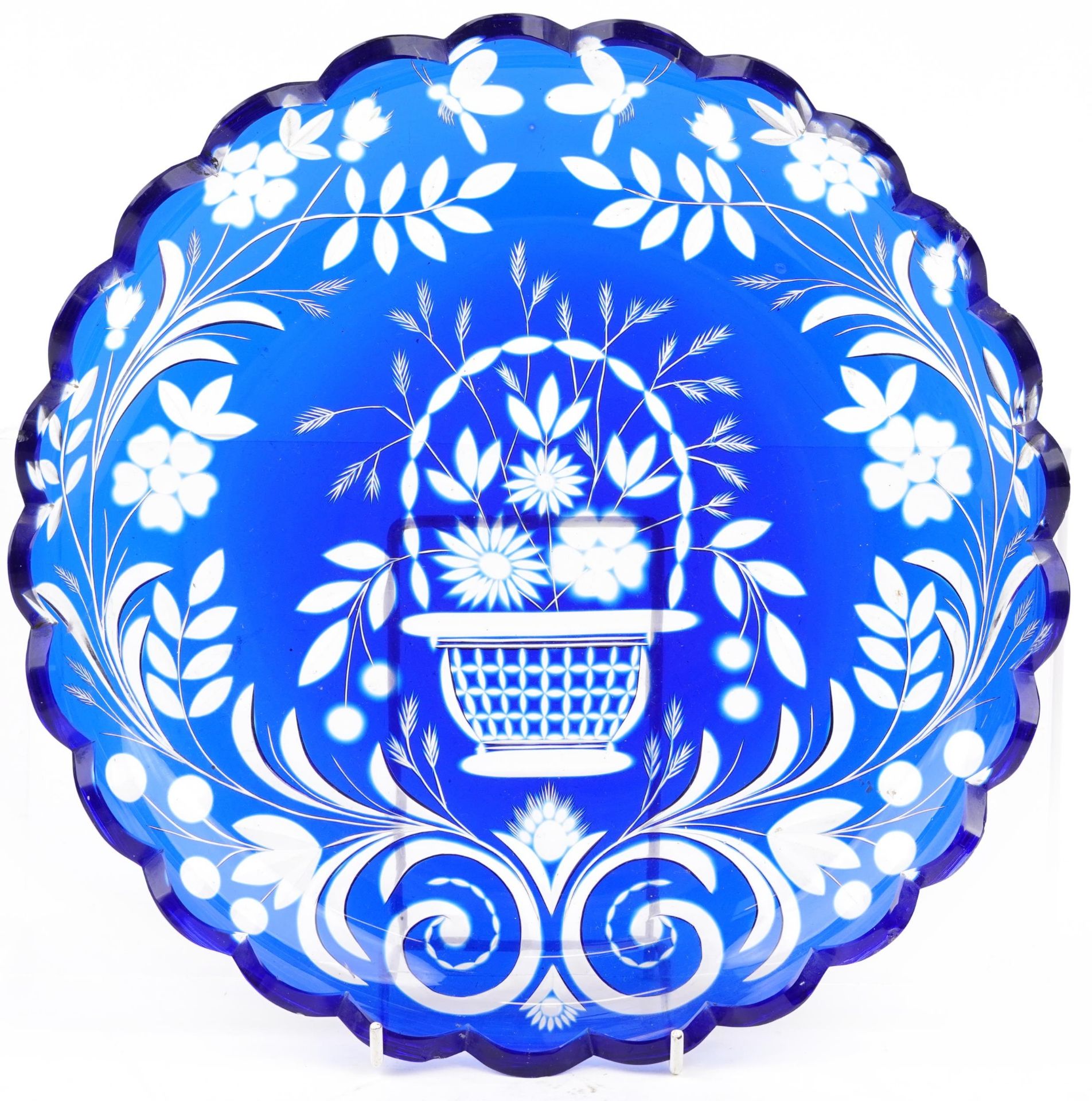 Bohemian blue flashed glass dish etched with flowers in a basket, 28cm in diameter : For further