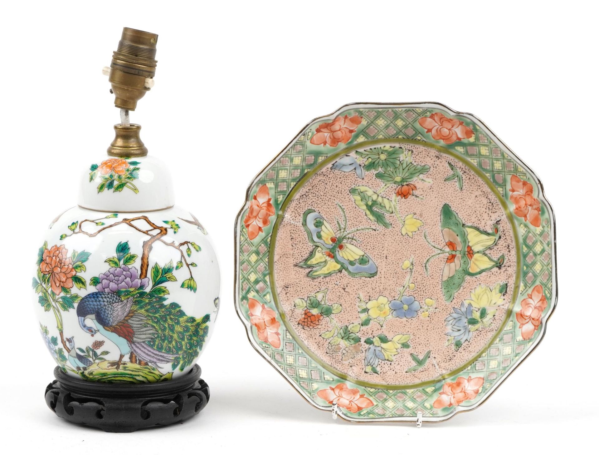 Chinese porcelain ginger jar and cover table lamp and Canton plate hand painted in the famille verte