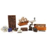 key sin bag Sundry items including rosewood box, two Art Nouveau style bronzed figures, wooden model