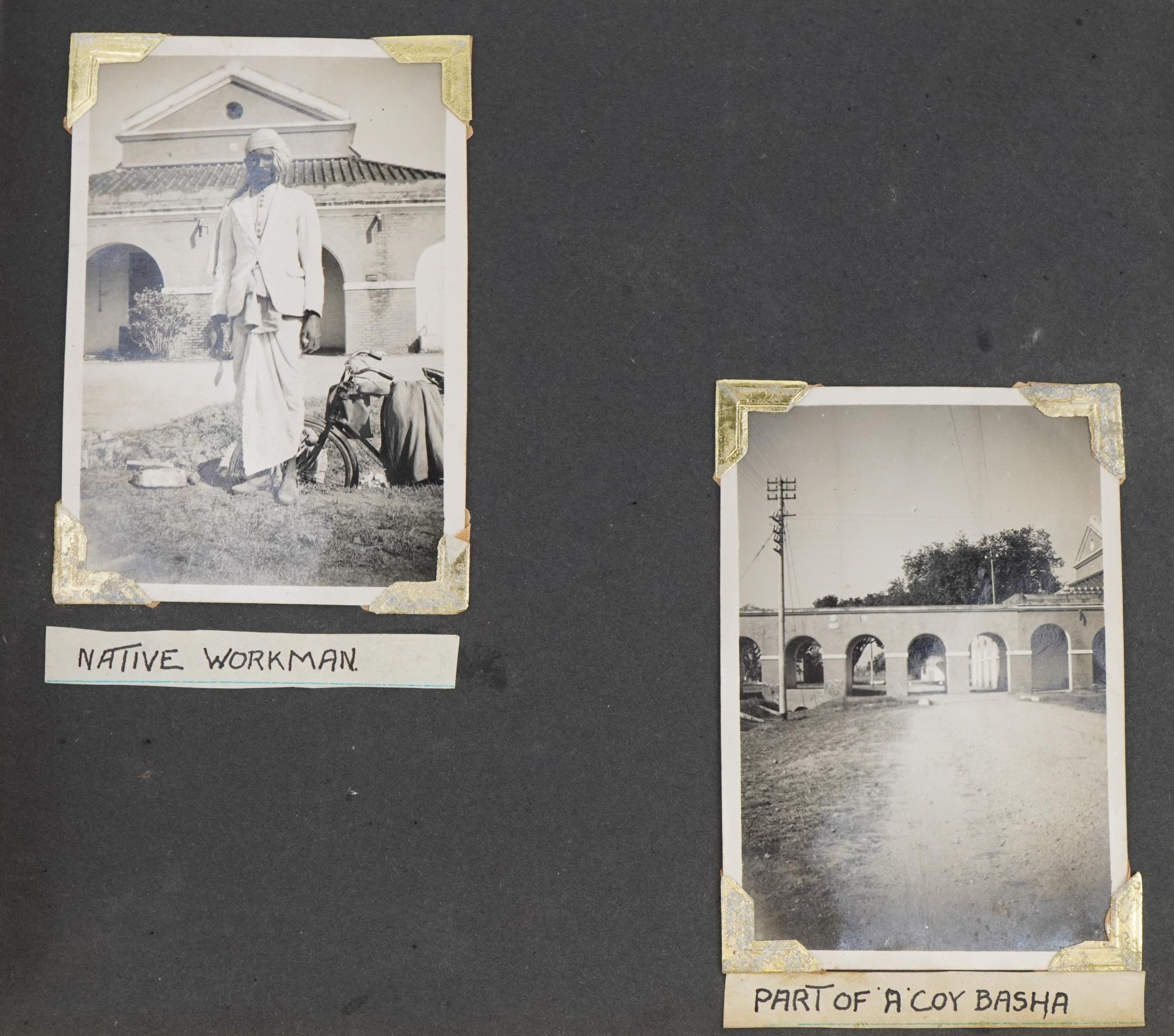 Military interest black and white photographs of India arranged in an album including native