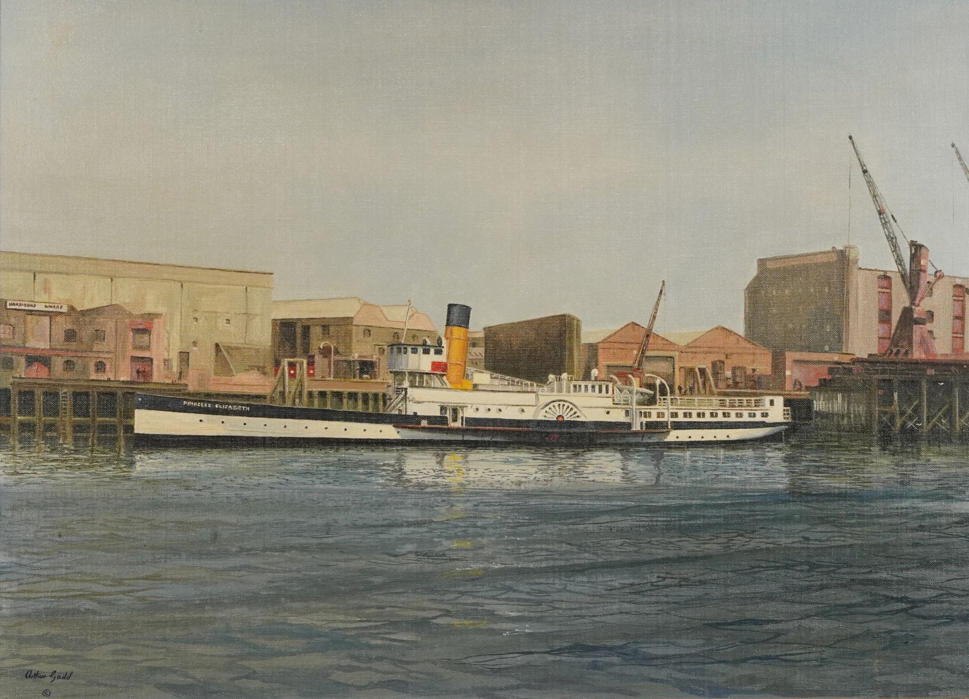 Arthur Gadd - Princess Elizabeth paddle steamer, Harrison's Warf, oil on canvas, details verso,