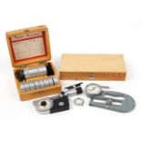 Vintage watchmaker's tools comprising Stella Economic watch crystal glass remover and two gauges
