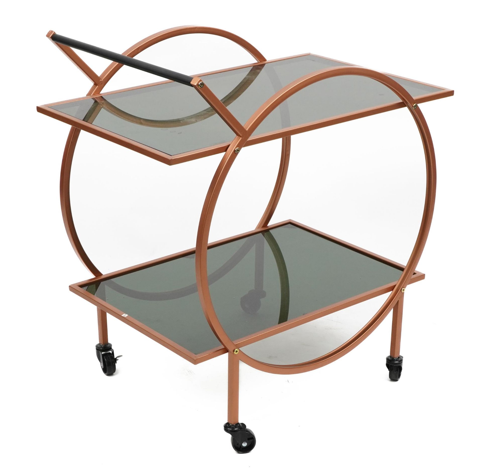 Contemporary Art Deco style coppered metal and smoked glass two tier tea trolley, 74cm H x 47cm W - Image 2 of 2