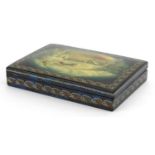 Russian lacquered card box having a hinged lid hand painted with a Cossack, 15cm wide : For