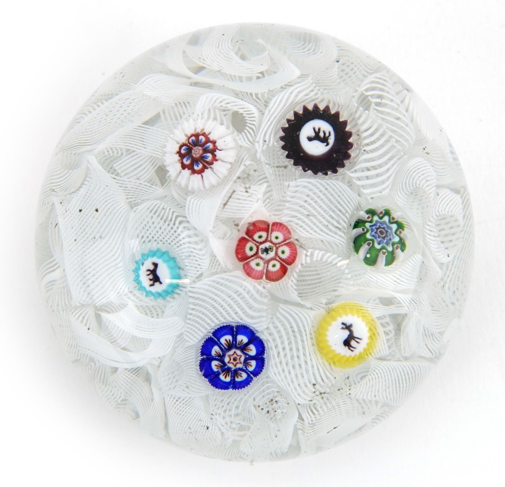 19th century millefiori glass paperweight with animal canes, possibly Baccarat, 5.5cm in