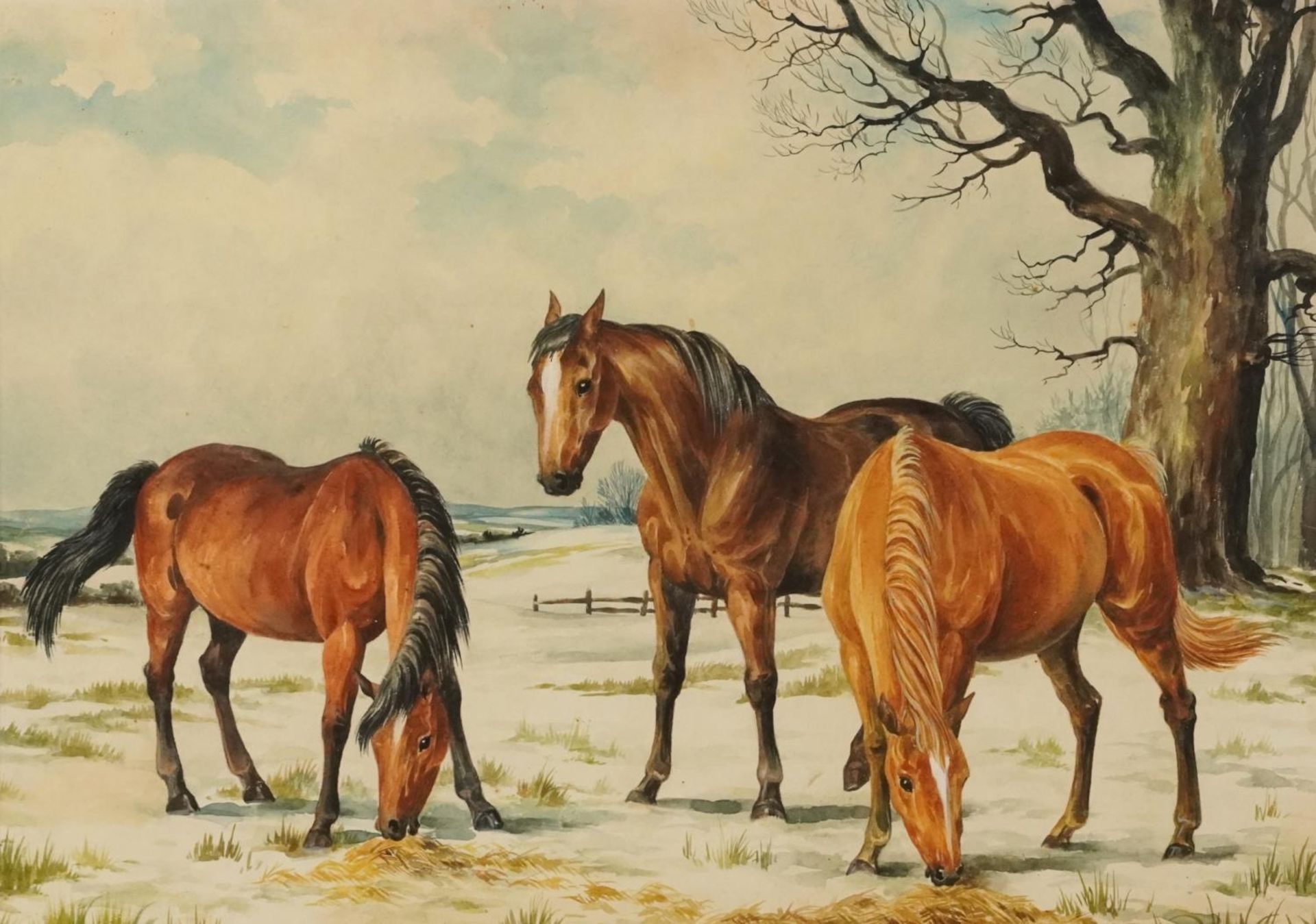 Three horses grazing in a snowy landscape, 20th century English school watercolour, mounted,