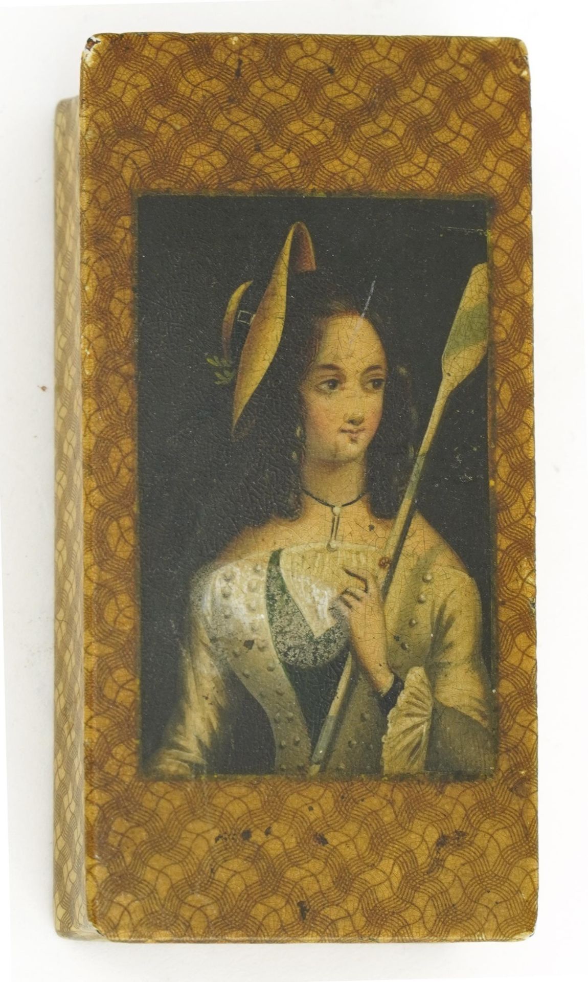 19th century wooden snuff box with hinged lid decorated with a portrait of a female in 18th - Image 2 of 4