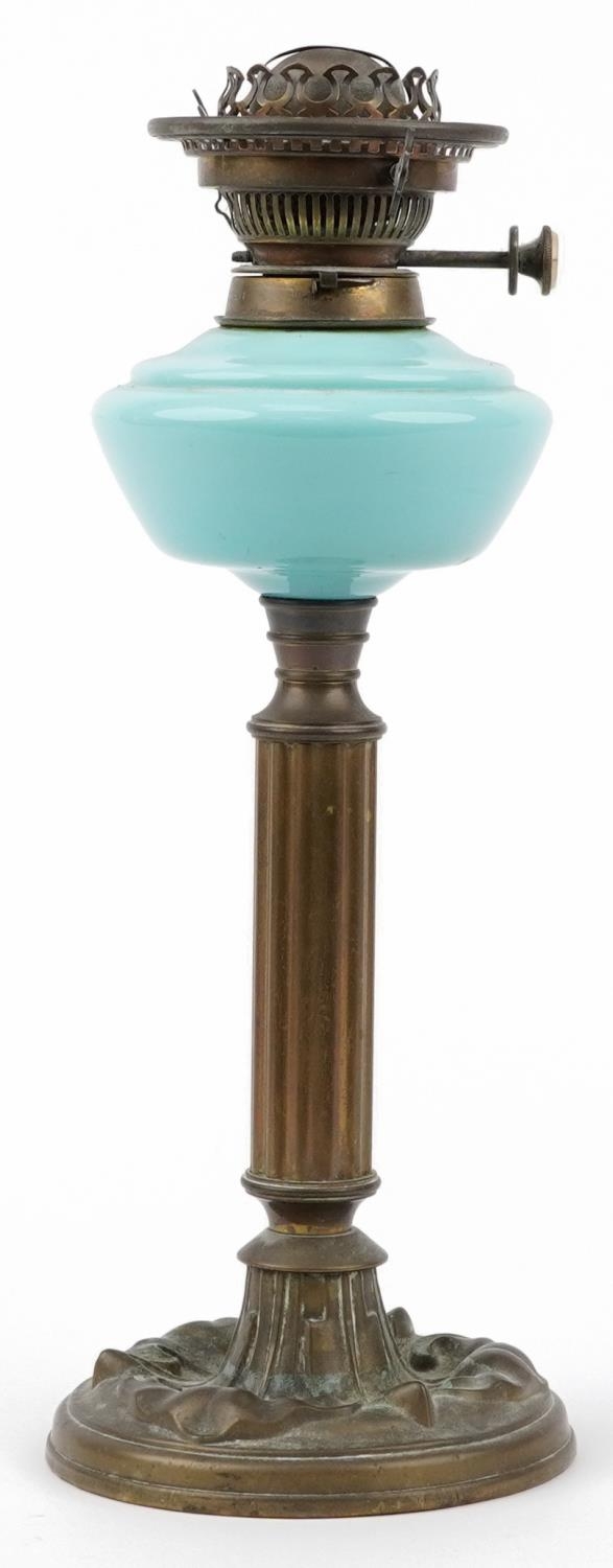 Hinks's Duplex No 2, Art Nouveau brass column table lamp with blue opaline reservoir, 41cm high : - Image 2 of 5