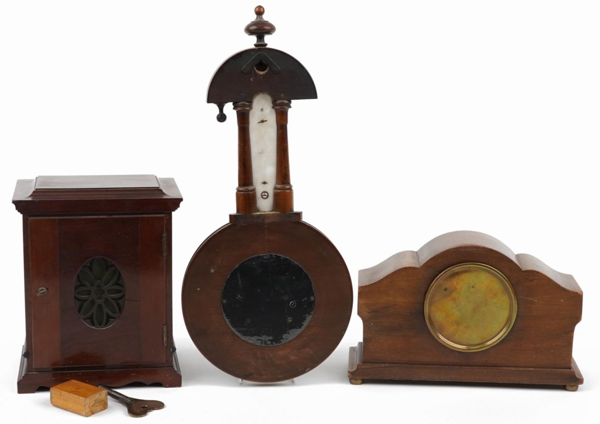 Two mahogany cased mantle clocks and a carved oak wall hanging barometer including Edward of - Image 2 of 4