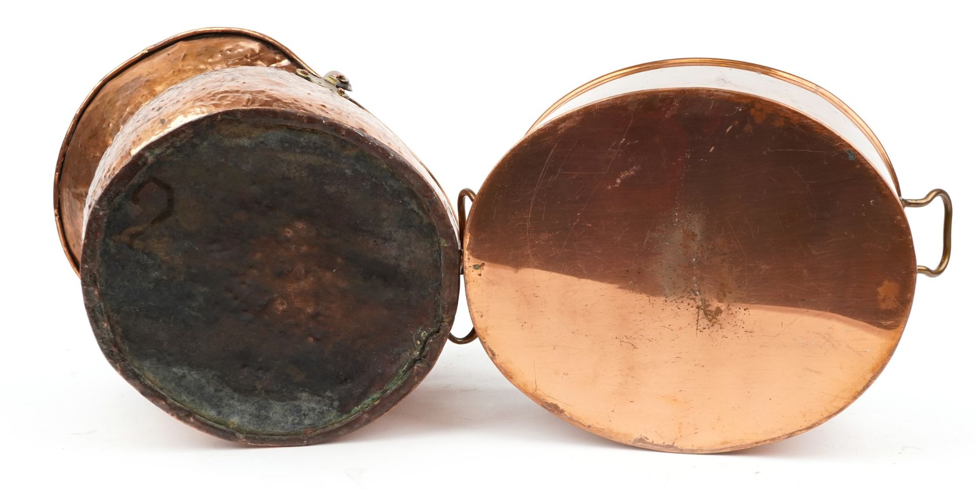 Victorian copper and brass coal scuttle and preserve pan, the largest 38cm in length : For further - Image 3 of 3
