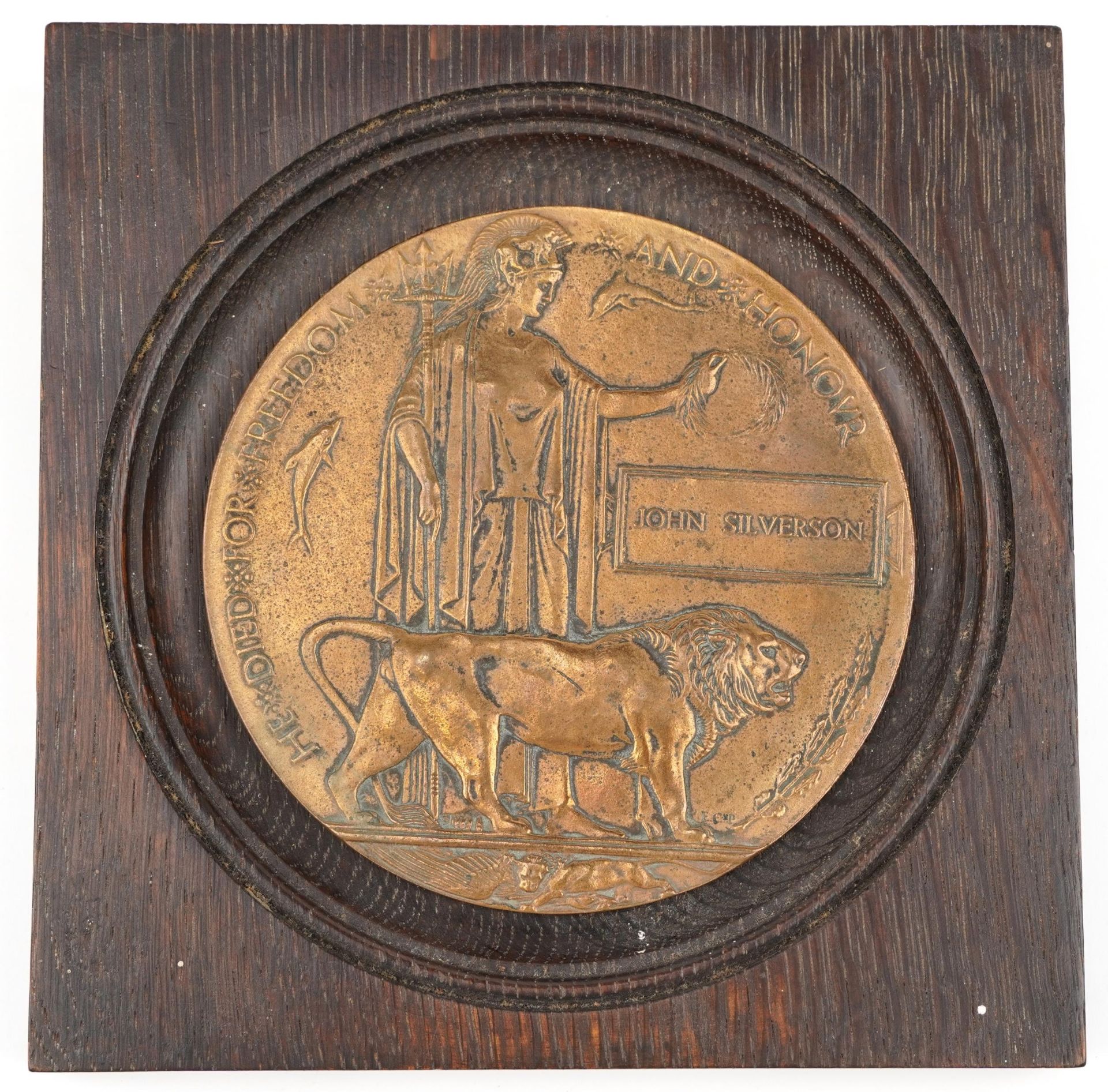 British military World War I death plaque housed in an oak frame awarded to George Freshwater :