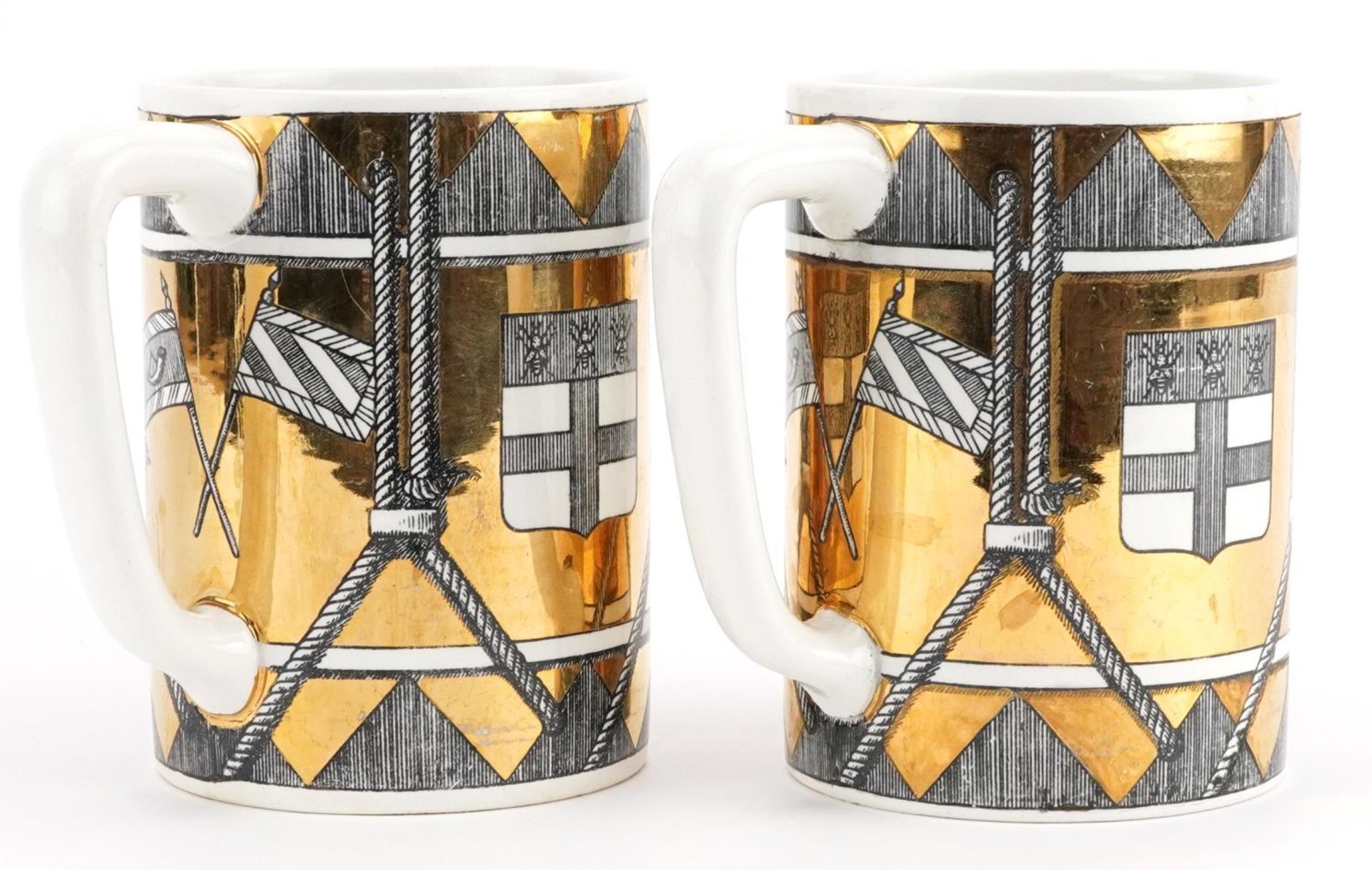 Fornasetti, pair of vintage Italian gold lustre mugs decorated with shields, each 12.5cm high : - Image 2 of 4