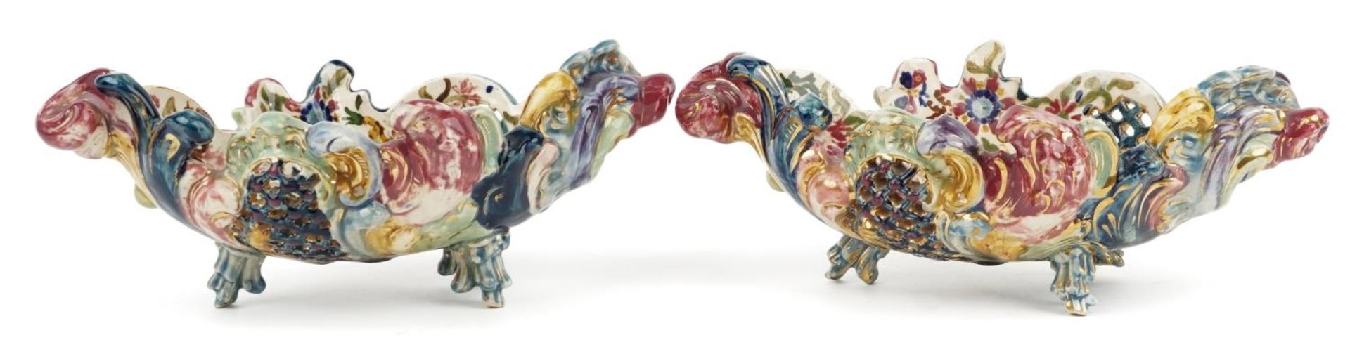 Zsolnay Pecs, pair of Hungarian piece shell shaped baskets hand painted with flowers, each stamped