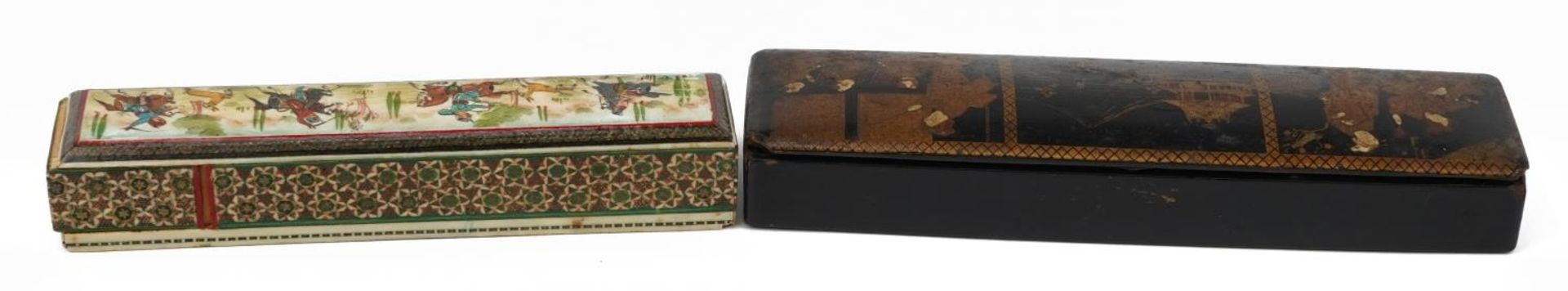 Persian Vizagapatam style pen box hand painted with huntsmen and a Chinese lacquered example - Image 3 of 4