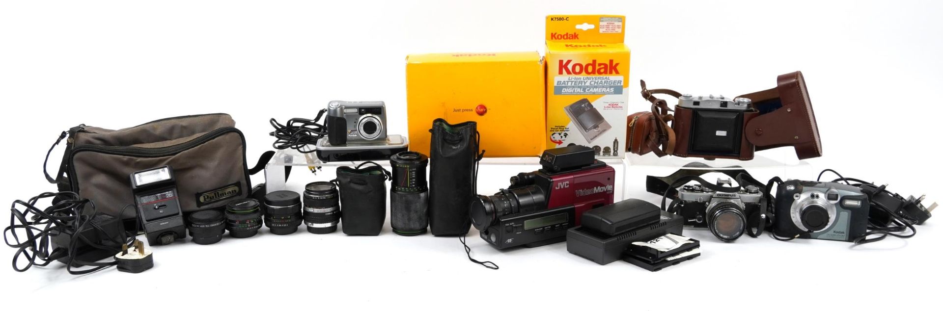 Vintage and later cameras, lenses and accessories including Olympus OM1, Balda, Hanimex 80-200mm