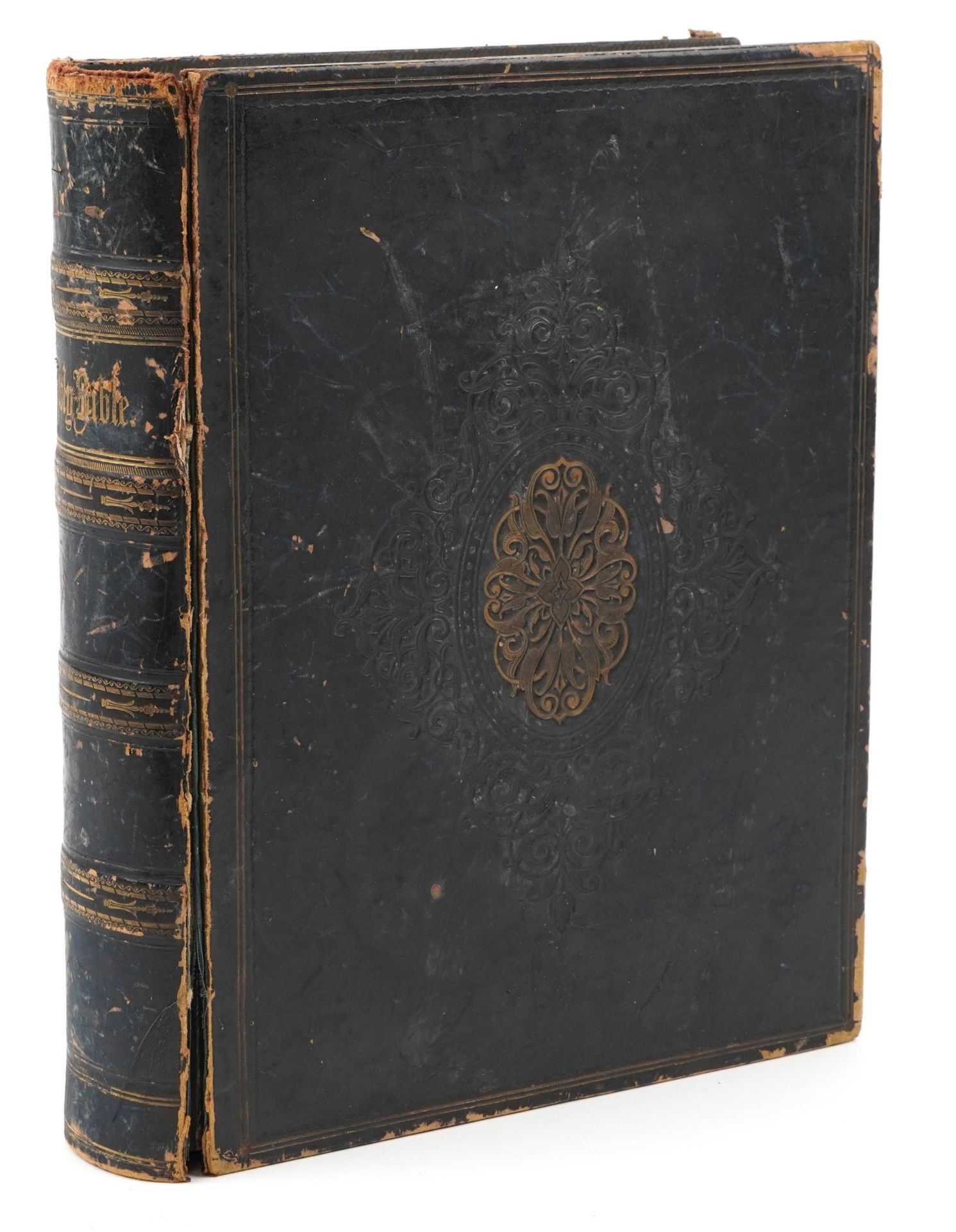 19th century leather bound Holy Bible with family register and coloured plates : For further