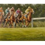 Roy Miller 1974 - Early leaders, horseracing interest oil on canvas, details verso, mounted and