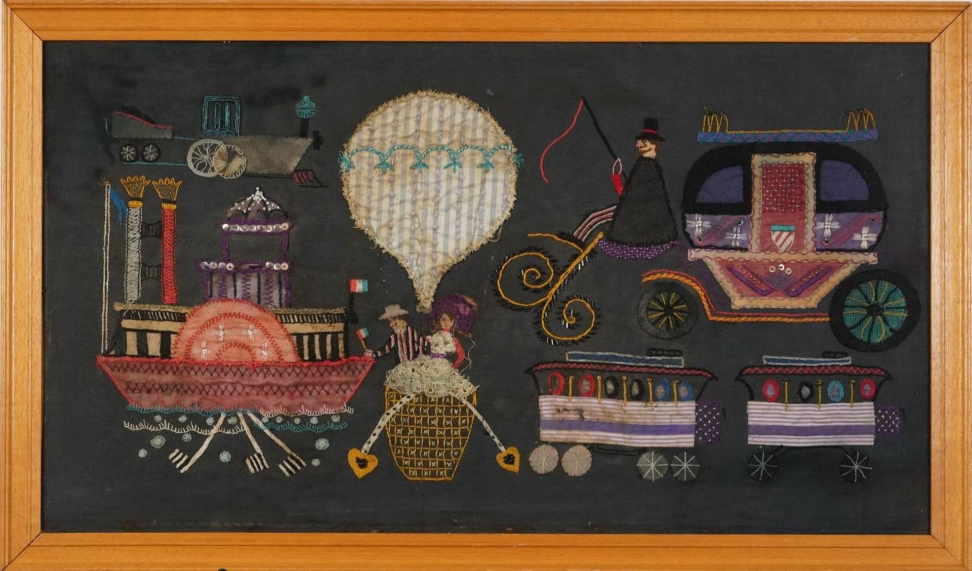 Antique Victorian embellished panel embroidered with two figures in a hot air balloon, carriages and - Bild 2 aus 3