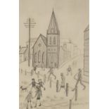 Manner of Laurence Stephen Lowry - Figures walking about before a church, Manchester school