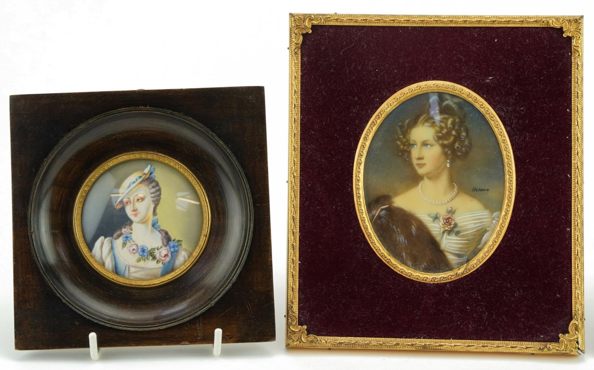 Four oval and circular portrait miniatures including a hand painted example of Marquise de Pompadour - Image 2 of 6