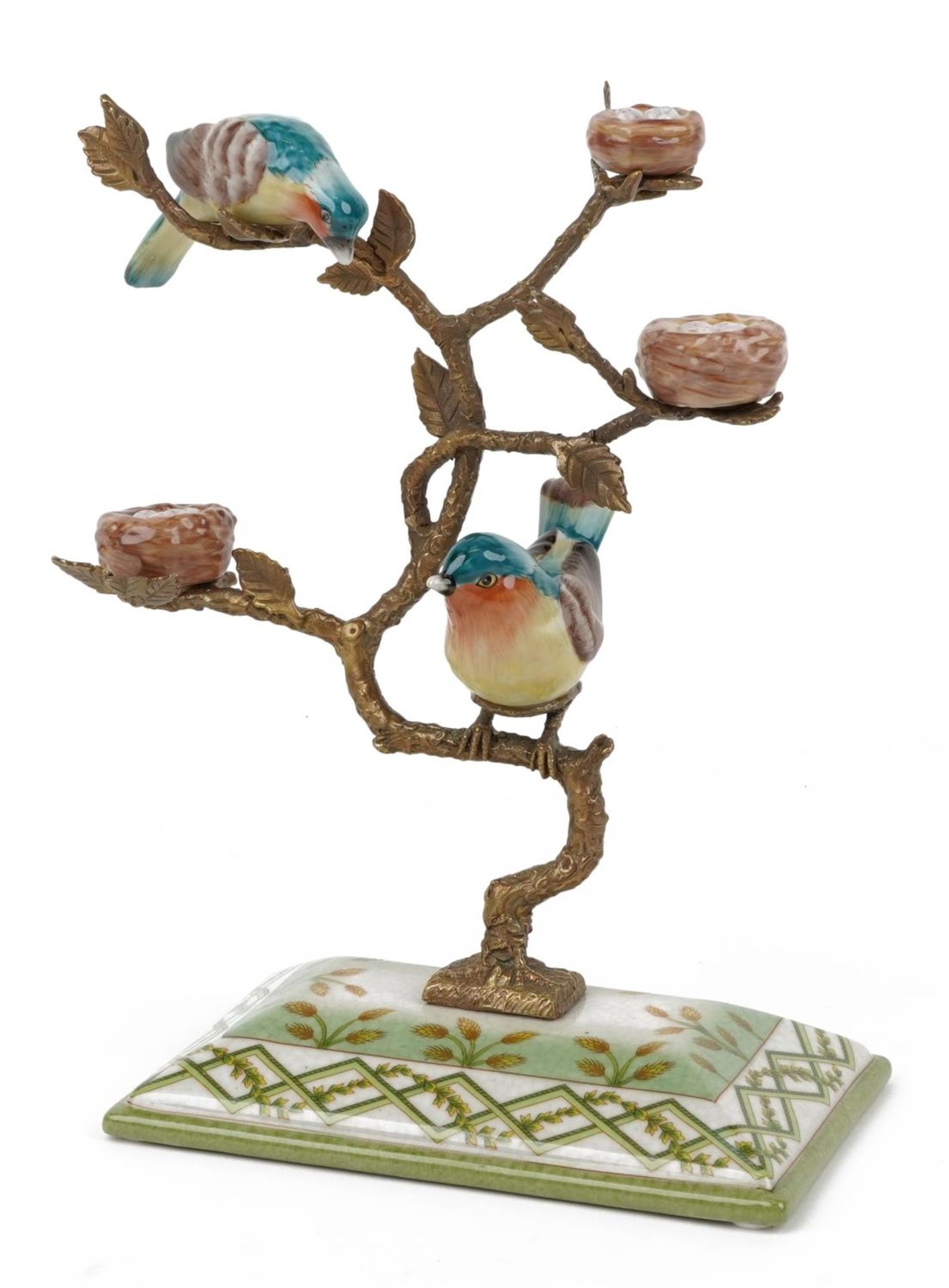 Antique style porcelain and bronze centrepiece in the form of two birds on branches with bird's