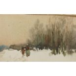 William Tatton Winter - Mother and child in a snowy landscape, Impressionist signed watercolour,