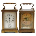 Two brass cased carriage clocks including a French example with painted dial and the other