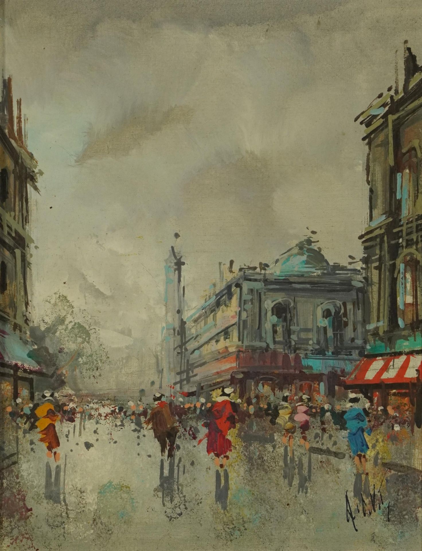 Busy Parisian street scene, oil on board, The Dawson Gallery, Dublin label verso, mounted and