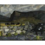 Juliet Wheeler - Welsh mountains, fabric collage numbered 6472 to the reverse, mounted, framed and