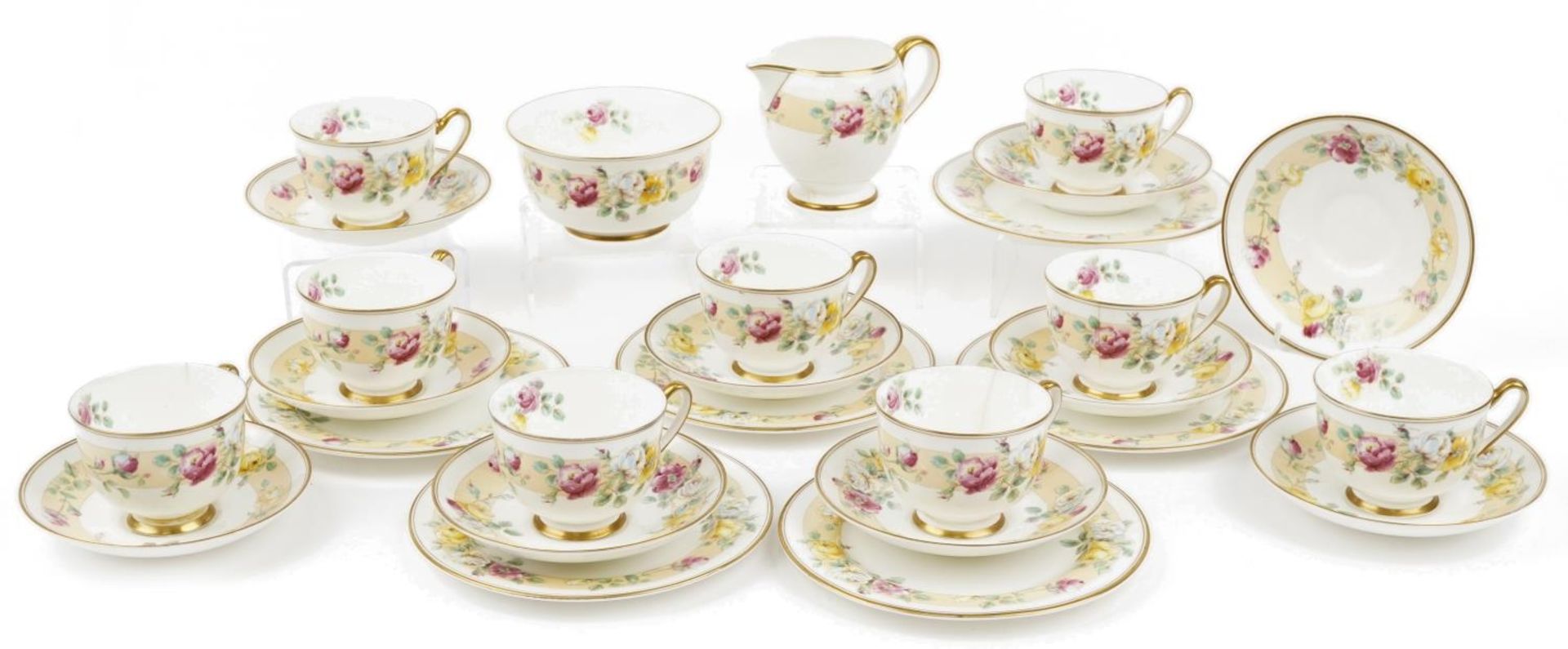 Royal Doulton Rosamund teaware including trios, milk jug and sugar bowl, the largest 17.5cm in