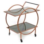 Contemporary Art Deco style coppered metal and smoked glass two tier tea trolley, 74cm H x 47cm W