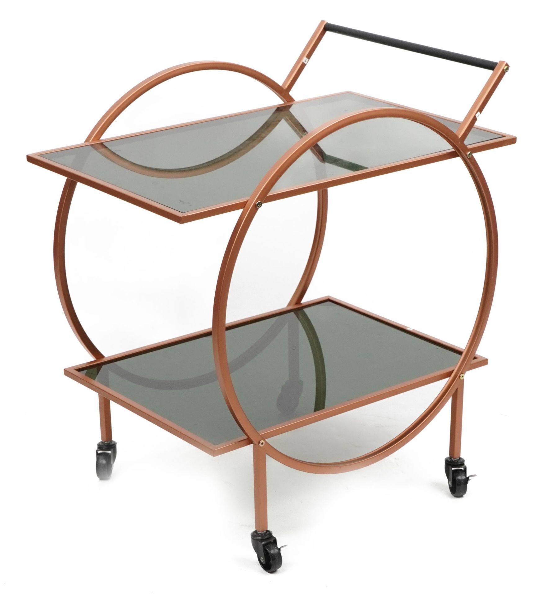 Contemporary Art Deco style coppered metal and smoked glass two tier tea trolley, 74cm H x 47cm W